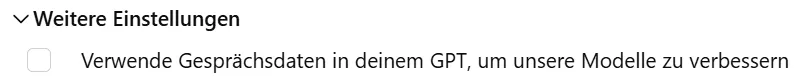 ChatGPT-GPT-Editor: Unter „Weitere Einstellungen“ die Option „Verwende Gesprächsdaten in deinem GPT, um unsere Modelle zu verbessern“ – der Haken sollte deaktiviert werden.